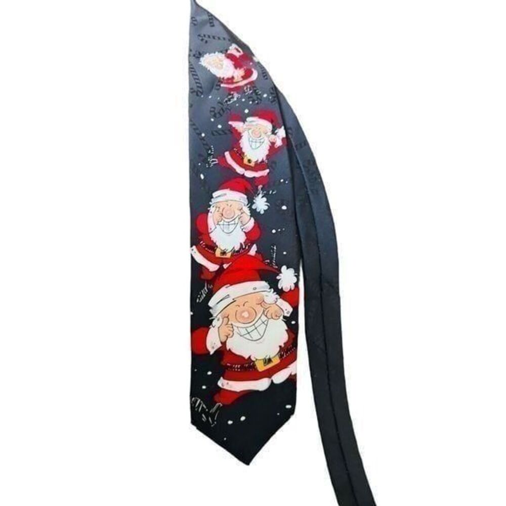 Hallmark Christmas Happy Santa yule Tie greetings black vintage necktie